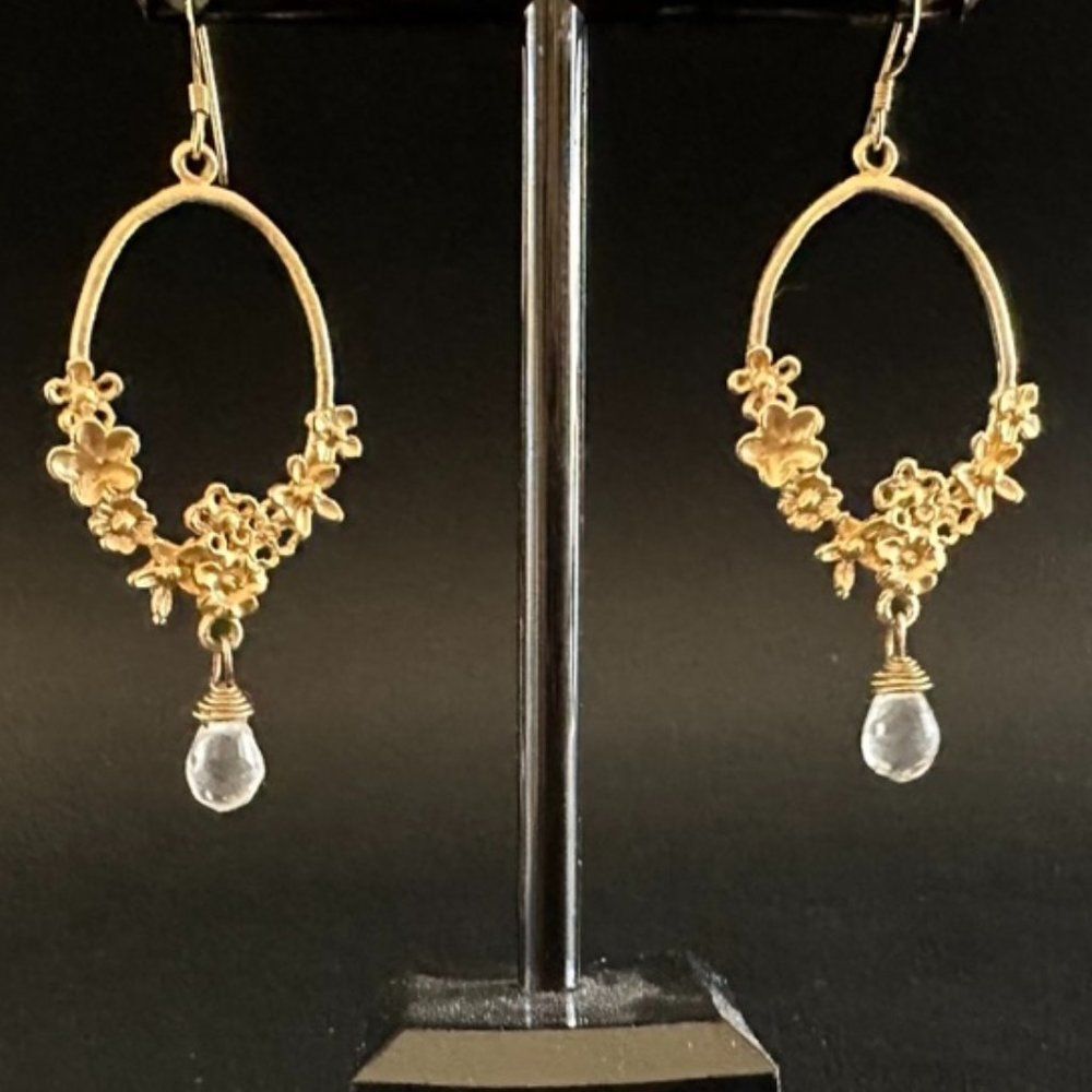 Romantic Floral Flower Antique Style Sterling Silver Gold Hoop Crystal Earrings